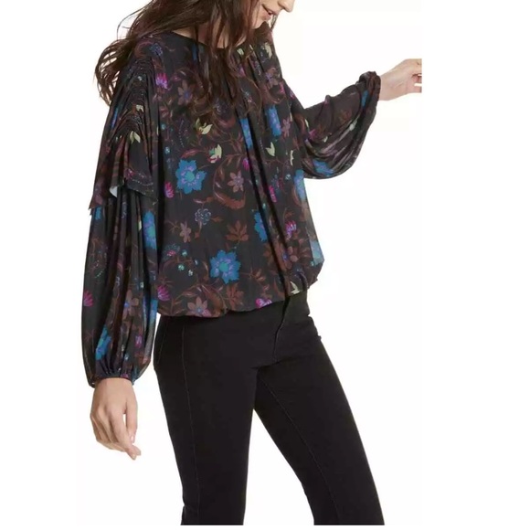 Free People Tops - Free People Womens Blouse‎ Shirt Wild Flower Black Combo Floral Mesh B2